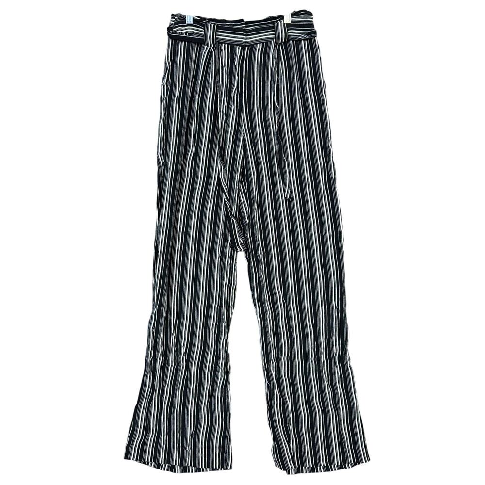 Express Womens Pants Black White Stripe Wide Leg High Rise Belted Flowy 2